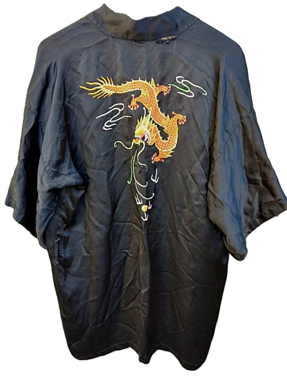 Vintage Black Silky Robe Asian Dragon Rayon Golden Bee Embroidered Size Medium